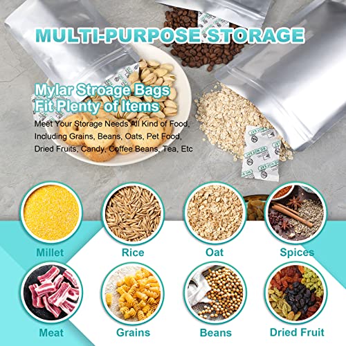 100pcs Mylar Bags for Food Storage with Oxygen Absorbers 400cc (10*10 Packs) and Labels, 10 Mil 10"x14" (30pcs) 7"x10" (30pcs) 5"x7" (40pcs) Stand-Up Zipper Pouches Resealable and Heat Sealable for Long Term Food Storage