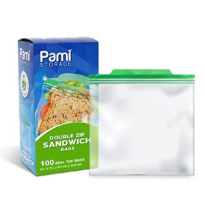 pami double zip sandwich bag [100 pieces] – leakproof ziplock sandwich bags with freshness lock- food-safe zipper storage bags for sandwiches, snacks, fruits & more- resealable sandwich baggies