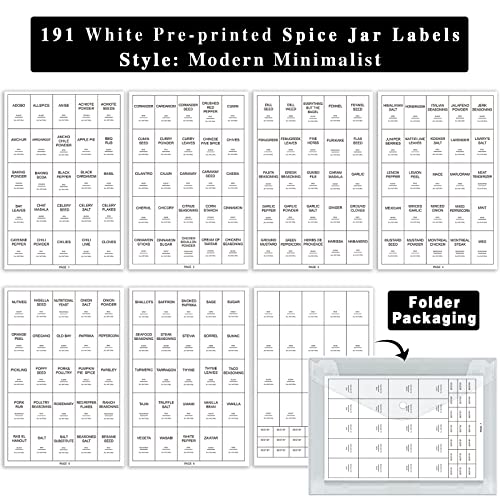 GPOVVIMX 191 Spice Jar Labels Preprinted Minimalist Stickers - White Waterproof Label - Fit Round or Rectangle Spice Jars - Herb Seasoning Kitchen Pantry Labels