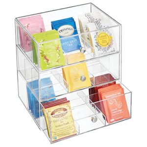 mdesign plastic tea bag caddy box storage container organizer holder with 3 drawers – for kitchen pantry, cabinet, countertop – holds coffee, sugar packets, drink pods – clear