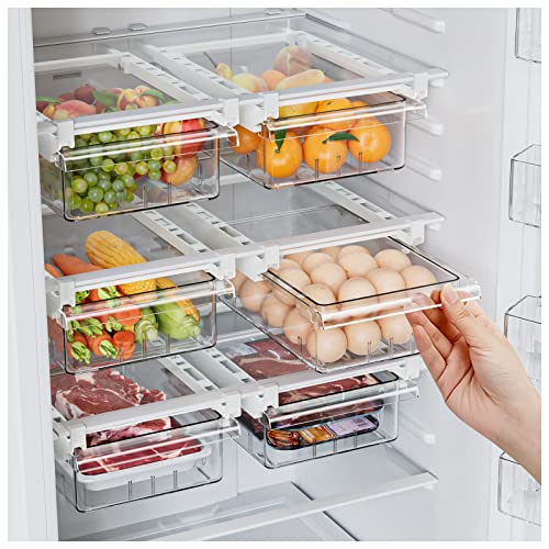 2 Pack Refrigerator Drawer Organizer, Pull Out Refrigerator Shelf Storage Drawer Organizer, Transparent Fridge Organizer for Egg, Fruit, Vegetable, Seafood, Meat, Fit All Fridge Shelves Under 0.6''