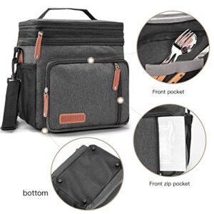 UMUFUKA Men's Double Compartment Lunch Bag, Insulated Lunch Cooler Tote 2 Roomy Large Reusable Water-resistant Lunch Box (Black)