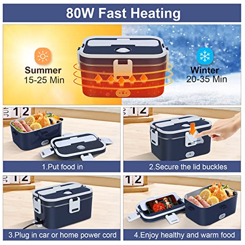 COZYEXPERT 80W Electric Lunch Box Food Heated 12V 24V 110V Fast Food Warmer Heater for Car/Truck/Home Portable Food Heating Boxes with 1.8L 304 SS Container 0.45L Compartment(Royal Blue+White)