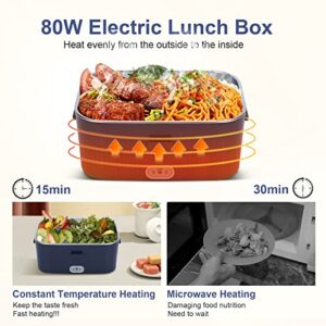 COZYEXPERT 80W Electric Lunch Box Food Heated 12V 24V 110V Fast Food Warmer Heater for Car/Truck/Home Portable Food Heating Boxes with 1.8L 304 SS Container 0.45L Compartment(Royal Blue+White)