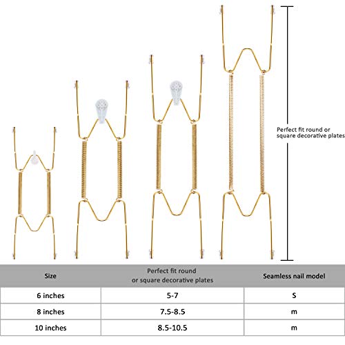 12 Pieces Invisible Plate Hangers Wall Plate Hangers Stainless Steel Decorative Wire Plate Hangers Holders in 3 Sizes with 12 Pieces Wall Hooks for Decorative Plates and Art (6/8/10 Inch)
