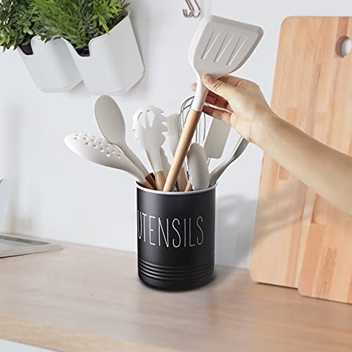 Farmhouse Utensil Holder, 6.7″Kitchen Utensil Holder for Kitchen Tools, Galvanized Steel Utensil Holder for Kitchen Counter, Utensil Caddy with Cork Bottom, for Kitchen Décor, Christmas Gift, Black