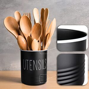 Farmhouse Utensil Holder, 6.7″Kitchen Utensil Holder for Kitchen Tools, Galvanized Steel Utensil Holder for Kitchen Counter, Utensil Caddy with Cork Bottom, for Kitchen Décor, Christmas Gift, Black