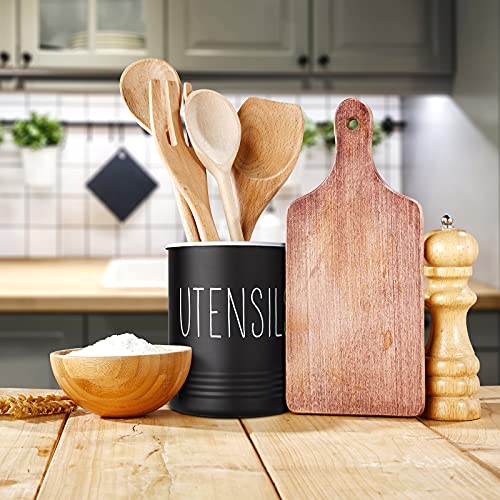 Farmhouse Utensil Holder, 6.7″Kitchen Utensil Holder for Kitchen Tools, Galvanized Steel Utensil Holder for Kitchen Counter, Utensil Caddy with Cork Bottom, for Kitchen Décor, Christmas Gift, Black