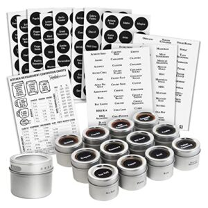 set of 12 magnetic spice jars for refrigerator, seasoning containers with shaker lids, 269 preprinted sticker labels for 3oz herb tins
