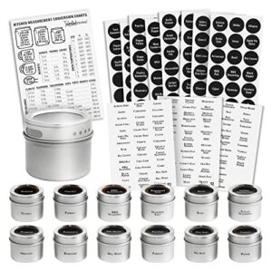 Set of 12 Magnetic Spice Jars for Refrigerator, Seasoning Containers with Shaker Lids, 269 Preprinted Sticker Labels for 3oz Herb Tins