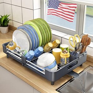 dish drying rack, kitchen counter dish drainers rack, auto-drain expandable(13.2″-19.7″) stainless steel large strainers over sink drying rack drainboard with utensil holder caddy organizer, grey