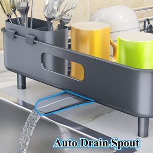 Dish Drying Rack, Kitchen Counter Dish Drainers Rack, Auto-Drain Expandable(13.2"-19.7") Stainless Steel Large Strainers Over Sink Drying Rack Drainboard with Utensil Holder Caddy Organizer, Grey