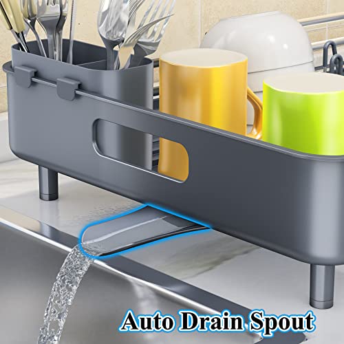 Dish Drying Rack, Kitchen Counter Dish Drainers Rack, Auto-Drain Expandable(13.2"-19.7") Stainless Steel Large Strainers Over Sink Drying Rack Drainboard with Utensil Holder Caddy Organizer, Grey