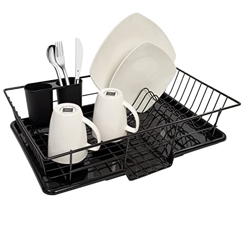 Sweet Home Collection Dish Drainer Drain Board and Utensil Holder Simple Easy to Use, 17" x 12" x 5", Black