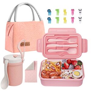zmygolon bento lunch box for kids, lunch bento box container leak-proof for kids adults teens school, lunch containers with 3 compartments and cup,lunch bag,spoon,fork (pink)