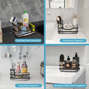 Sponge Holder Kitchen Sink Caddy Organizer, Sponge Holder for Kitchen Sink with Brush Storage, 304 Stainless Steel Black Dish Soap Holder Rack with Removable Drain Tray - Not Included Dispenser, Brush