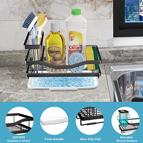 Sponge Holder Kitchen Sink Caddy Organizer, Sponge Holder for Kitchen Sink with Brush Storage, 304 Stainless Steel Black Dish Soap Holder Rack with Removable Drain Tray - Not Included Dispenser, Brush