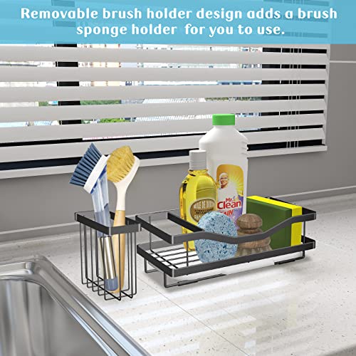 Sponge Holder Kitchen Sink Caddy Organizer, Sponge Holder for Kitchen Sink with Brush Storage, 304 Stainless Steel Black Dish Soap Holder Rack with Removable Drain Tray - Not Included Dispenser, Brush