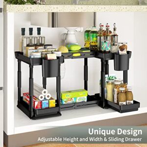 Expandable Under Sink Organizer and Storage 2 Pack, 2 Tier Pull Out Sliding Under Bathroom Cabinet Storage Organizers with Hanging Cups for Bathroom, Kitchen Multi-Purpose, Adjustable Height & Width