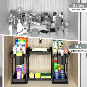 Expandable Under Sink Organizer and Storage 2 Pack, 2 Tier Pull Out Sliding Under Bathroom Cabinet Storage Organizers with Hanging Cups for Bathroom, Kitchen Multi-Purpose, Adjustable Height & Width