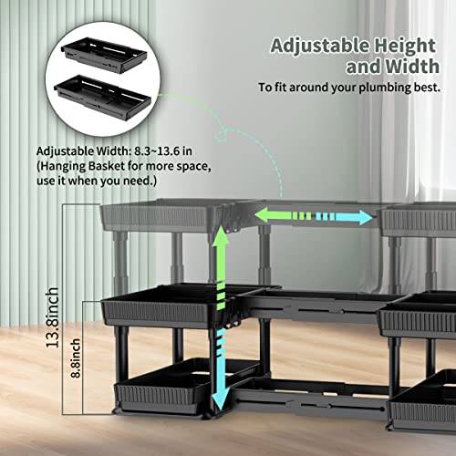 Expandable Under Sink Organizer and Storage 2 Pack, 2 Tier Pull Out Sliding Under Bathroom Cabinet Storage Organizers with Hanging Cups for Bathroom, Kitchen Multi-Purpose, Adjustable Height & Width