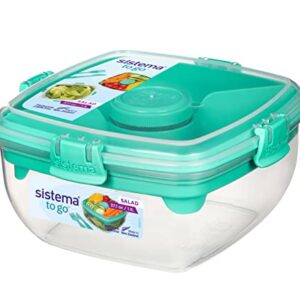 Sistema Salad Container for Lunch with Dressing Container, Bento Box 4 Compartment Tray, and Cutlery, Dishwasher Safe, 37.2-Ounce (Color may vary)