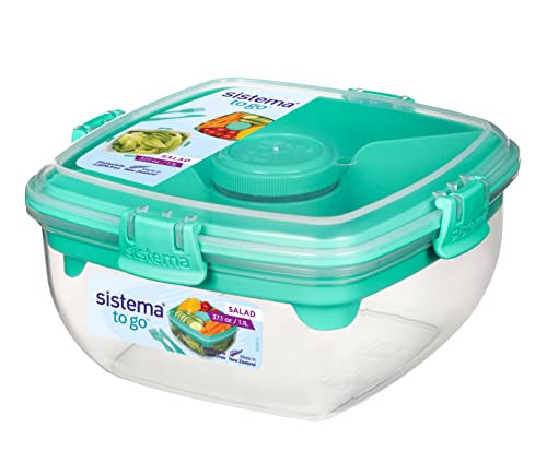 Sistema Salad Container for Lunch with Dressing Container, Bento Box 4 Compartment Tray, and Cutlery, Dishwasher Safe, 37.2-Ounce (Color may vary)