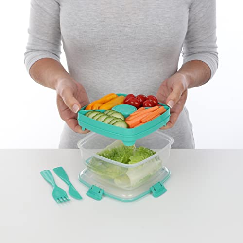 Sistema Salad Container for Lunch with Dressing Container, Bento Box 4 Compartment Tray, and Cutlery, Dishwasher Safe, 37.2-Ounce (Color may vary)