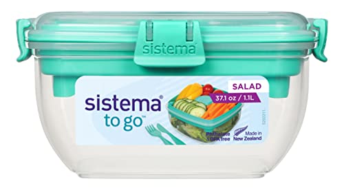 Sistema Salad Container for Lunch with Dressing Container, Bento Box 4 Compartment Tray, and Cutlery, Dishwasher Safe, 37.2-Ounce (Color may vary)