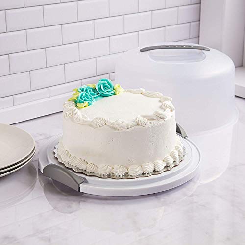 JOEY'Z EXTRA LARGE Cake Carrier/Storage Container With Server Holds up to 12 inch 3-layer cake, White Gray Translucent Dome - Transports Cakes, Pies, or Other Desserts