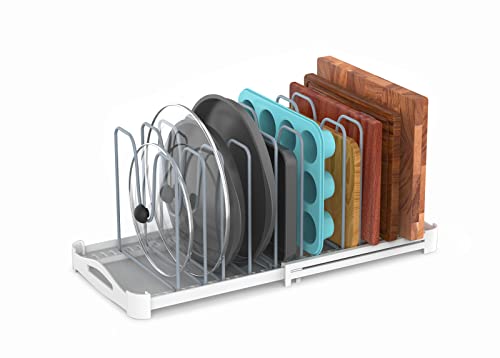 EVERIE Adjustable Bakeware Organizer Pot Lid Holder Rack for Pots, Cake Molds, Cutting Boards, Mats, Cookware, GS02SS