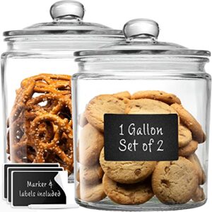 Set of 2 Glass Cookie Jars + Labels & Marker - 1 Gallon Canister Sets for Kitchen Counter with Airtight Lids, Sugar Packet Holders Food Storage Containers with Lids Airtight for Pantry, Flour, Sugar,
