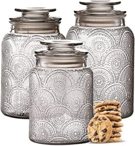 3pc glass canisters set for kitchen counter with airtight lids – retro design – pantry organization food storage containers for cookies, tea, sugar, candy jars, sugar packet holders, great gift.
