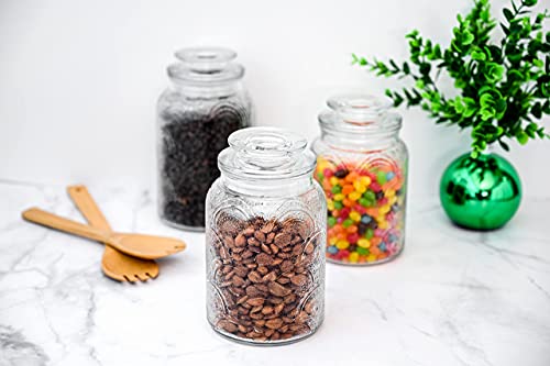 3pc Glass Canisters Set for Kitchen Counter with Airtight Lids - Retro Design - Pantry Organization Food Storage Containers for Cookies, Tea, Sugar, Candy Jars, Sugar Packet Holders, Great gift.