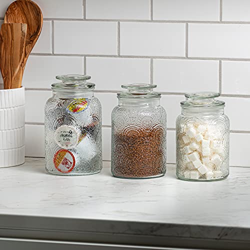 3pc Glass Canisters Set for Kitchen Counter with Airtight Lids - Retro Design - Pantry Organization Food Storage Containers for Cookies, Tea, Sugar, Candy Jars, Sugar Packet Holders, Great gift.