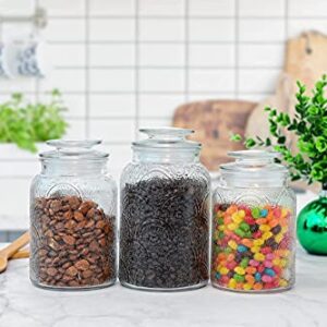 3pc Glass Canisters Set for Kitchen Counter with Airtight Lids - Retro Design - Pantry Organization Food Storage Containers for Cookies, Tea, Sugar, Candy Jars, Sugar Packet Holders, Great gift.