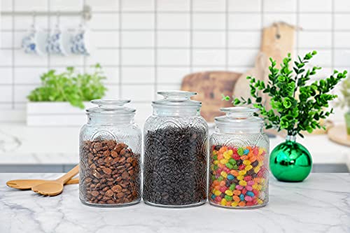 3pc Glass Canisters Set for Kitchen Counter with Airtight Lids - Retro Design - Pantry Organization Food Storage Containers for Cookies, Tea, Sugar, Candy Jars, Sugar Packet Holders, Great gift.