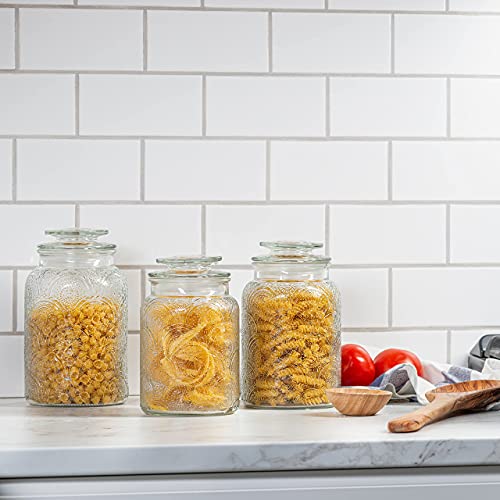 3pc Glass Canisters Set for Kitchen Counter with Airtight Lids - Retro Design - Pantry Organization Food Storage Containers for Cookies, Tea, Sugar, Candy Jars, Sugar Packet Holders, Great gift.