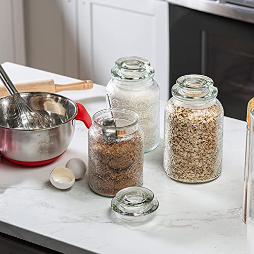 3pc Glass Canisters Set for Kitchen Counter with Airtight Lids - Retro Design - Pantry Organization Food Storage Containers for Cookies, Tea, Sugar, Candy Jars, Sugar Packet Holders, Great gift.