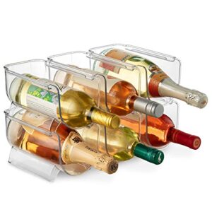 set of 6 wine and water bottle organizer, stackable plastic wine rack holder for pantry, kitchen, fridge, ideal storage for wine, soda, pop and beer, clear