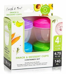 snack containers (4 set) – 4.75 oz small food storage cups with lids – fruit, nuts, sauce, condiments, salad container for lunch box – reusable dessert cups, microwave and freezer friendly, bpa-free (s/4 multi)
