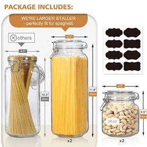 [ Taller ] Glass Jars with Airtight Lid, 92oz/34oz Large Glass Food Storage Jars, 4 Pack Wide Mouth Airtight Glass Jars for Kitchen Pantry Spaghetti, Square Mason Jars with Labels