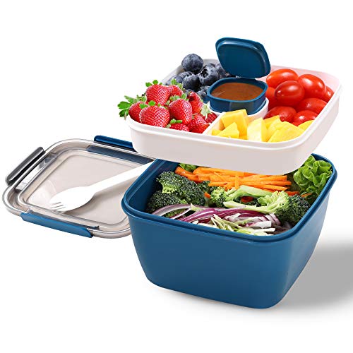 Portable Salad Lunch Container - 38 Oz Salad Bowl - 2 Compartments with Dressing Cup, Large Bento Boxes, Meal Prep to go Containers for Food Fruit Snack