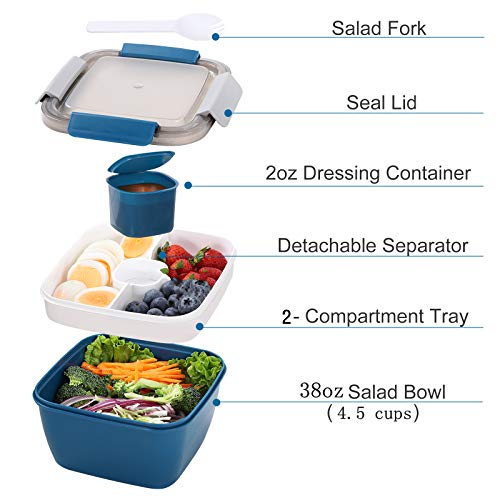 Portable Salad Lunch Container - 38 Oz Salad Bowl - 2 Compartments with Dressing Cup, Large Bento Boxes, Meal Prep to go Containers for Food Fruit Snack