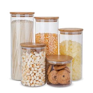 glass food storage containers set,airtight food jars with bamboo wooden lids – set of 5 kitchen canisters for sugar,candy, cookie, rice and spice jars
