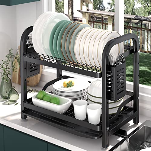 Amazer 2 Tier Dish Drying Rack with Drainboard Original, Dish Racks for Kitchen Counter, Height Adjustable Dish Rack and Drainboard Set with 2 Utensil Holders, Strong Structure, Large Capacity, Black