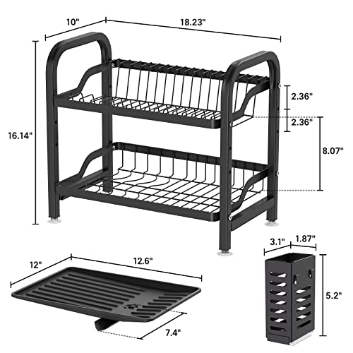 Amazer 2 Tier Dish Drying Rack with Drainboard Original, Dish Racks for Kitchen Counter, Height Adjustable Dish Rack and Drainboard Set with 2 Utensil Holders, Strong Structure, Large Capacity, Black