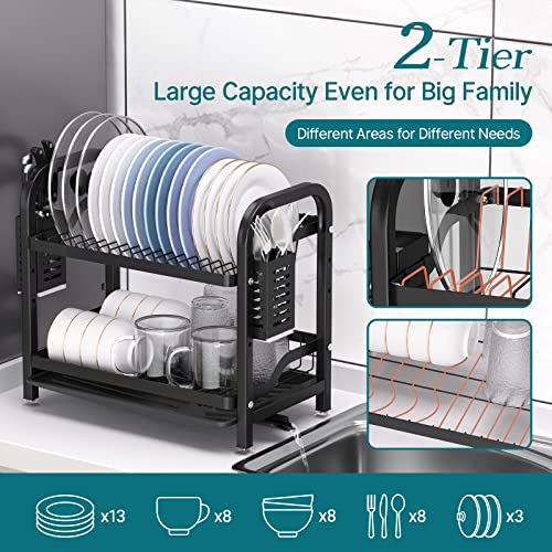 Amazer 2 Tier Dish Drying Rack with Drainboard Original, Dish Racks for Kitchen Counter, Height Adjustable Dish Rack and Drainboard Set with 2 Utensil Holders, Strong Structure, Large Capacity, Black