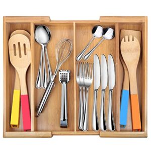 bamburoba drawer dividers silverware tray expandable utensil cutlery tray bamboo wooden adjustable 4 compartments flatware organizer kitchen storage holder for knives forks spoons