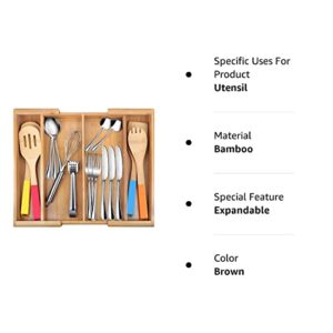 BAMBUROBA Drawer Dividers Silverware Tray Expandable Utensil Cutlery Tray Bamboo Wooden Adjustable 4 Compartments Flatware Organizer Kitchen Storage Holder for Knives Forks Spoons